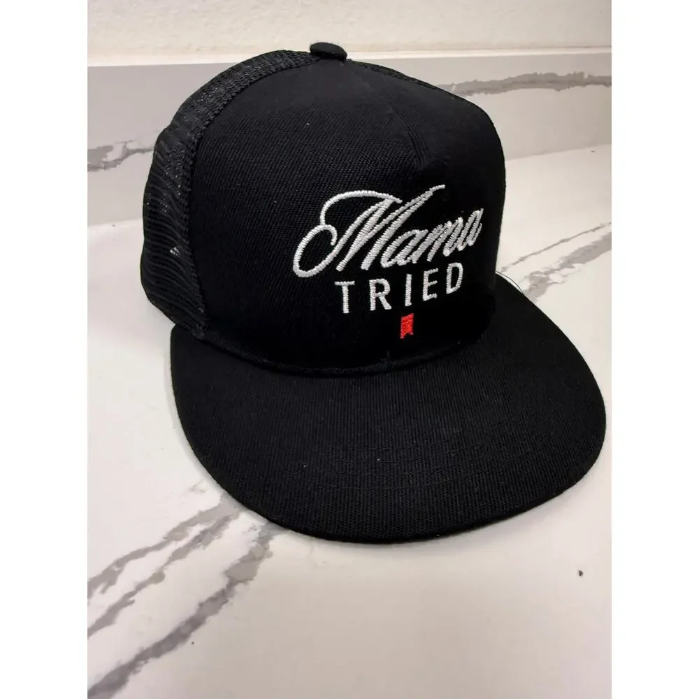 Mama Tried Snap Back Flat‎ Bill Hat Mesh Adjustable One Size Black Embroidered